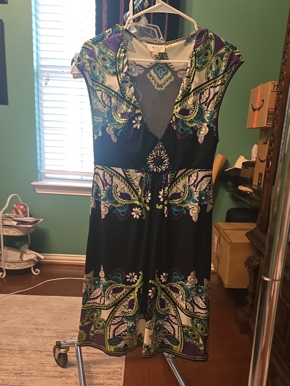 V-Neck Paisley Print Dress in Black, Green, Purple, & Cream Beautiful Bead Work